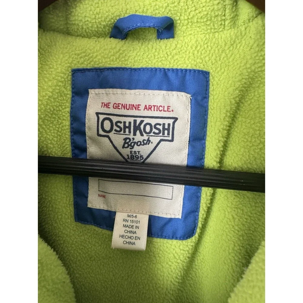 OshKosh B’gosh Boys 5-6 Puffer Jacket Blue Navy Lime Fleece Hooded Winter
